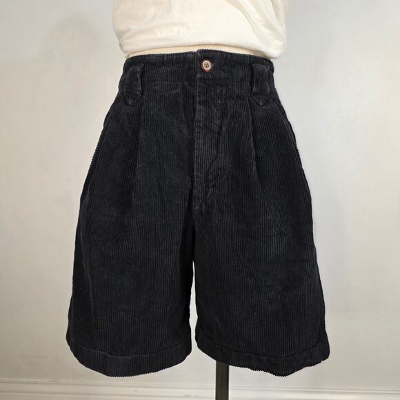 Vintage Pants - 27.5 Waist Vintage Pleated Shorts Corduroy Black High Rise Dark Academia